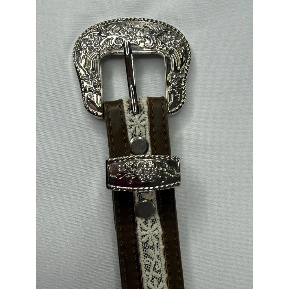Western Brown Leather Lace Rhinestone Studded Belt Silver Floral Buckle XL A5212